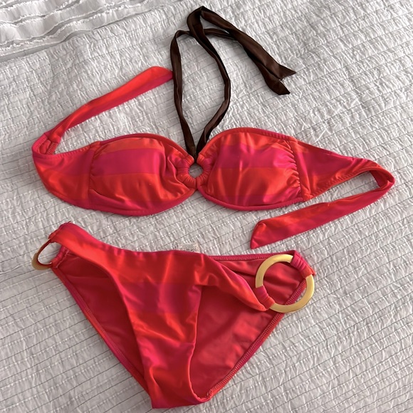 Sugar free swim bikini by Vanessa hall pink orange stripe strapless gold accent - Picture 1 of 9